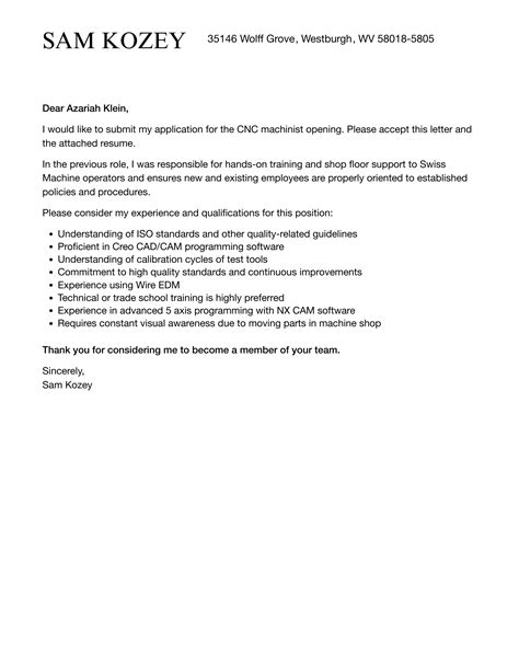 cnc cover letter|CNC Machinist Cover Letter Sample .